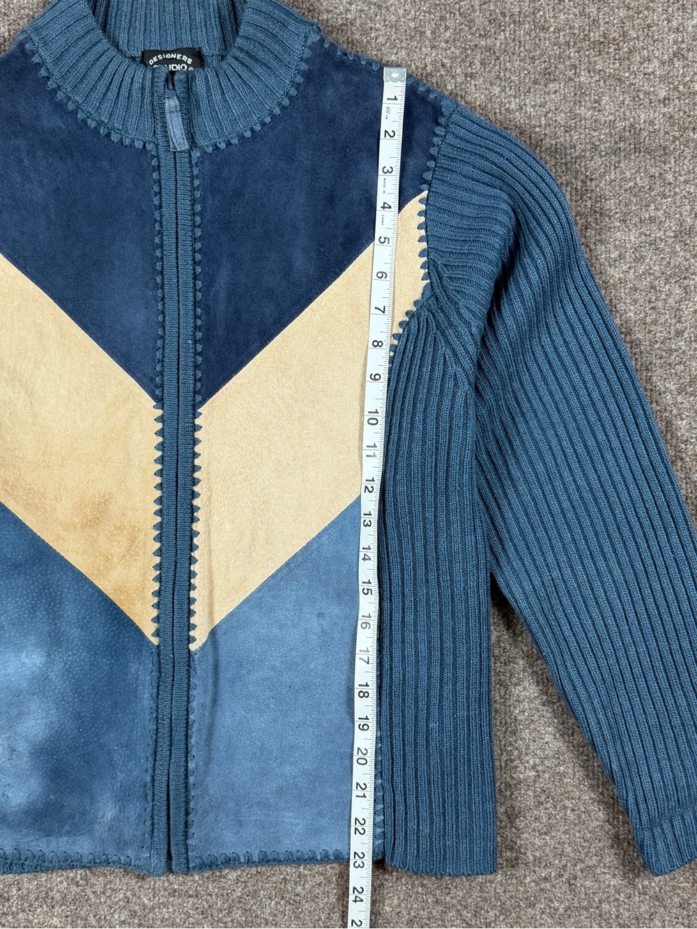 Vintage Blue Suede Leather Colorblock Zip Up Cardigan Sweater Jacket Women’s L - Picture 8 of 9